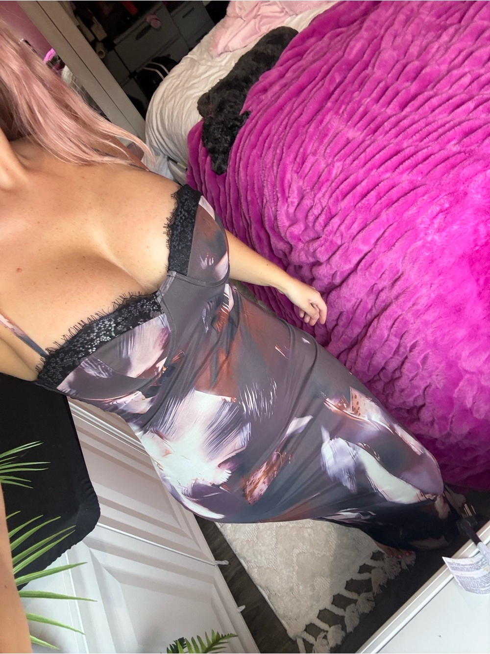 Floral Brushstroke Satin Slip Dress with Lace Trim - Purple